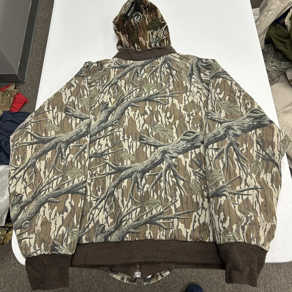 Cabela's Hooded Bomber Jacket Mens L Brown Camo Tree Bark Arctic Fleece USA Made